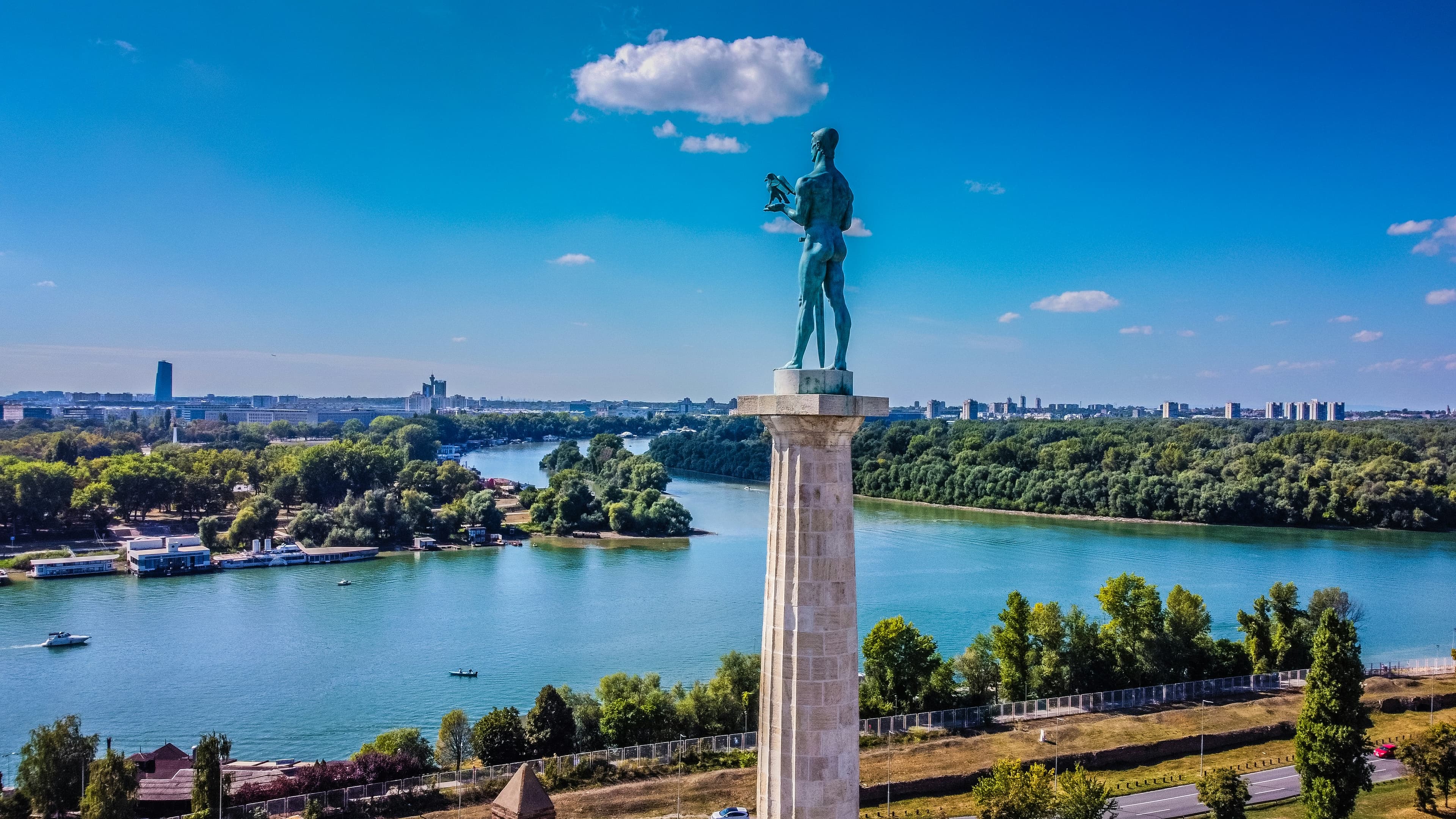 Aerial view of Belgrade city skyline and the Victor Monument at Kalemegdan